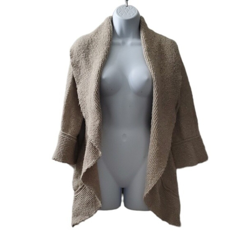 Ann Taylor LOFT Tan Wool Linen Open Front Waterfall Cardigan 3/4 sleeve Sweater